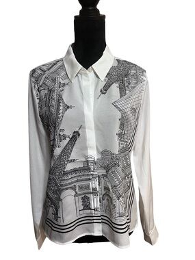 Karl Lagerfeld Paris Paris-Print Button Front Blouse M NWT